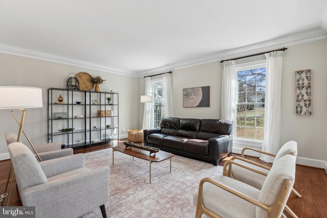 living area with ornamental molding, baseboards, and wood finished floors