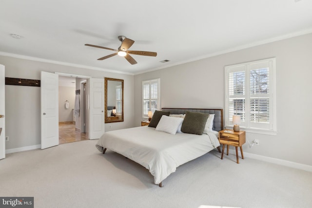 bedroom with multiple windows, light carpet, and ornamental molding