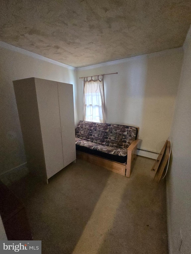 carpeted bedroom featuring a baseboard radiator, a textured ceiling, and ornamental molding