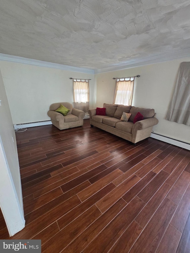 unfurnished living room with a baseboard heating unit, crown molding, dark wood-style flooring, and a textured ceiling