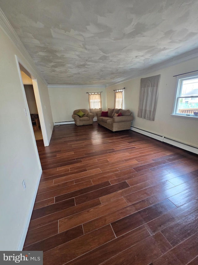 unfurnished living room featuring dark wood finished floors, a baseboard heating unit, and ornamental molding