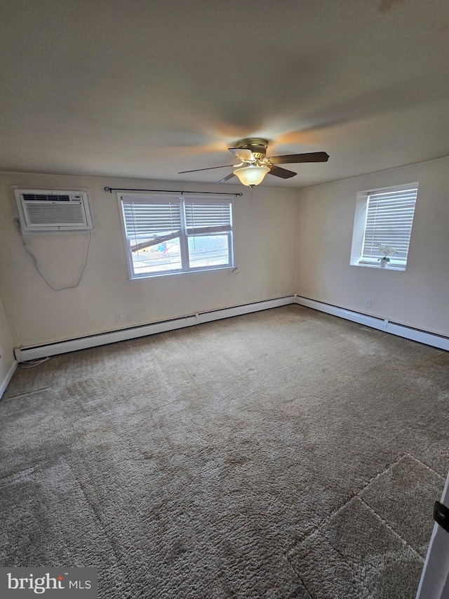 empty room featuring a baseboard radiator, carpet, ceiling fan, and a wall mounted AC