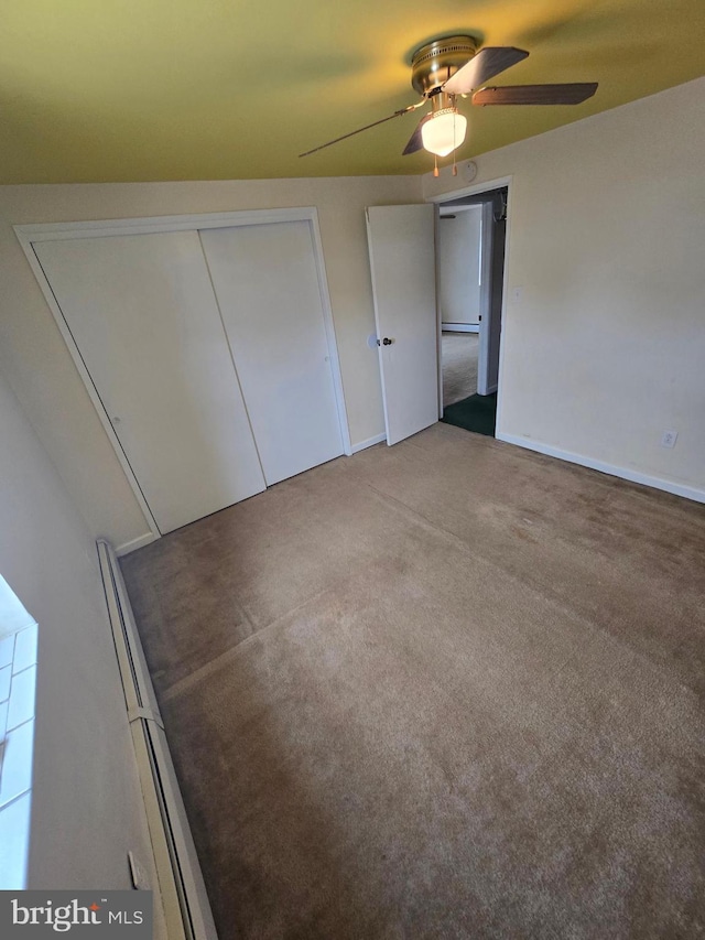 unfurnished bedroom featuring carpet flooring and ceiling fan