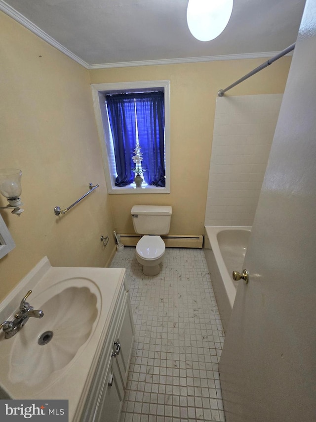 bathroom with vanity, crown molding, toilet, and a baseboard radiator