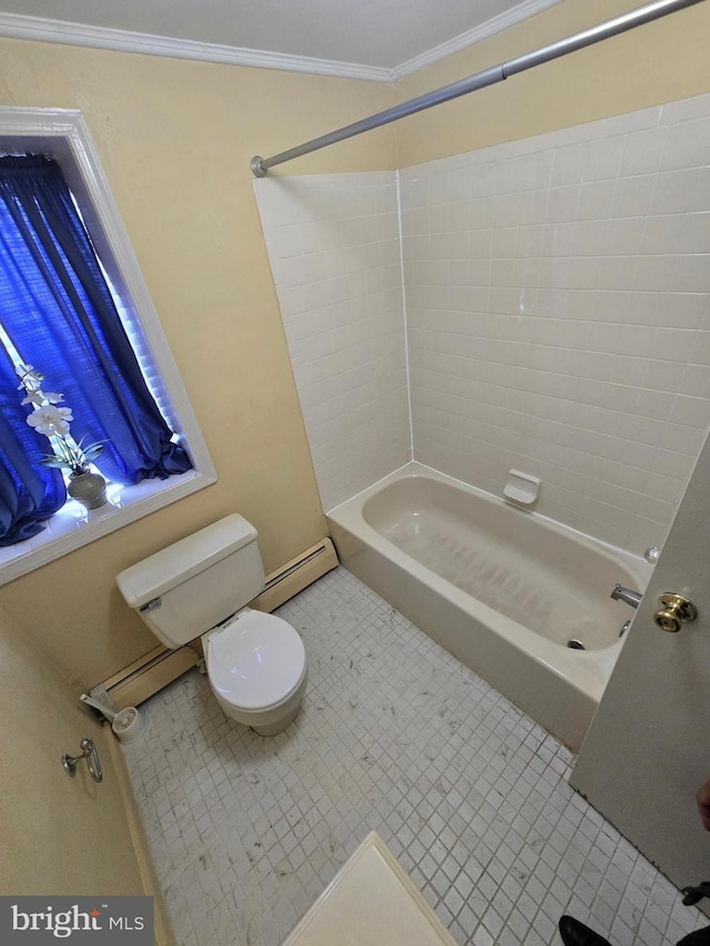 bathroom featuring toilet, baseboard heating, ornamental molding, and shower / bathtub combination