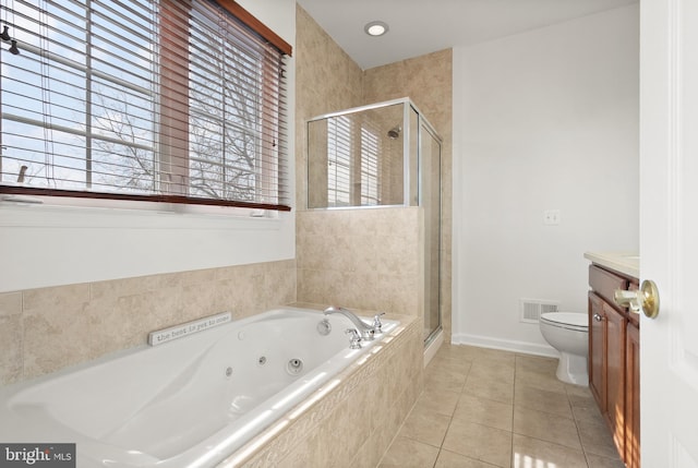 full bath featuring vanity, a tub with jets, visible vents, tile patterned flooring, and a shower stall