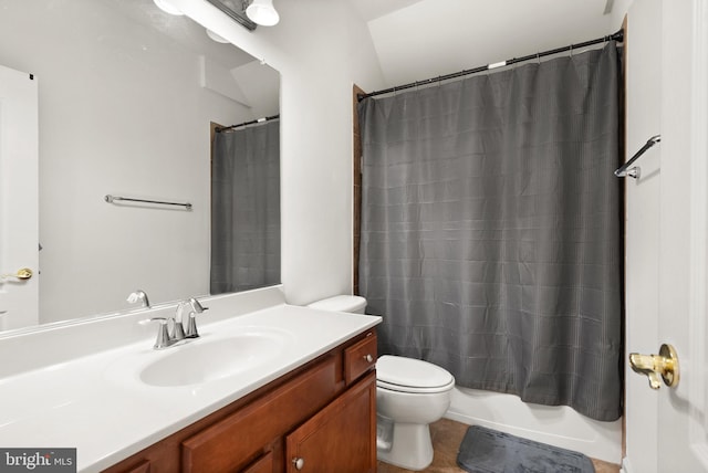 bathroom featuring shower / bathtub combination with curtain, toilet, and vanity