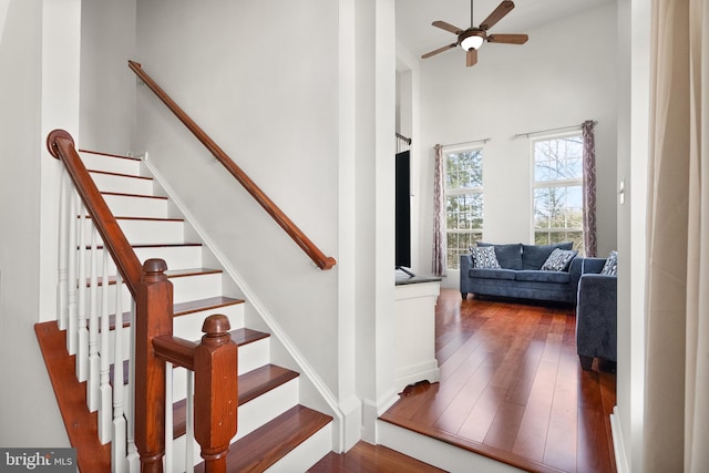 stairway featuring a ceiling fan, wood finished floors, and a towering ceiling