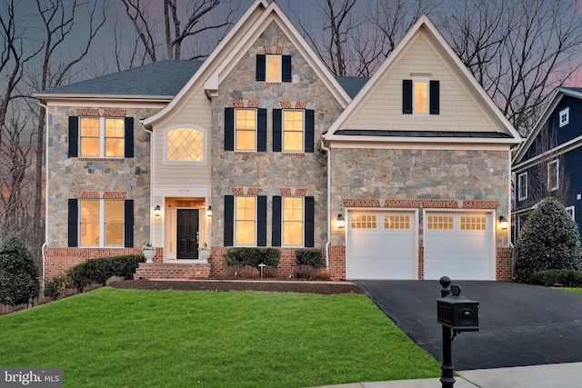 view of front of house featuring concrete driveway, a garage, stone siding, and a front lawn