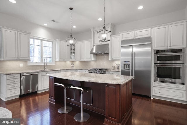 kitchen featuring visible vents, a kitchen island, under cabinet range hood, stainless steel appliances, and a sink