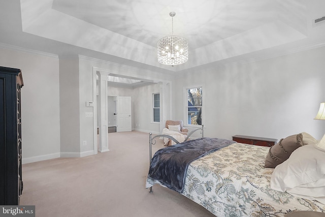 bedroom with a raised ceiling, crown molding, baseboards, light colored carpet, and a chandelier