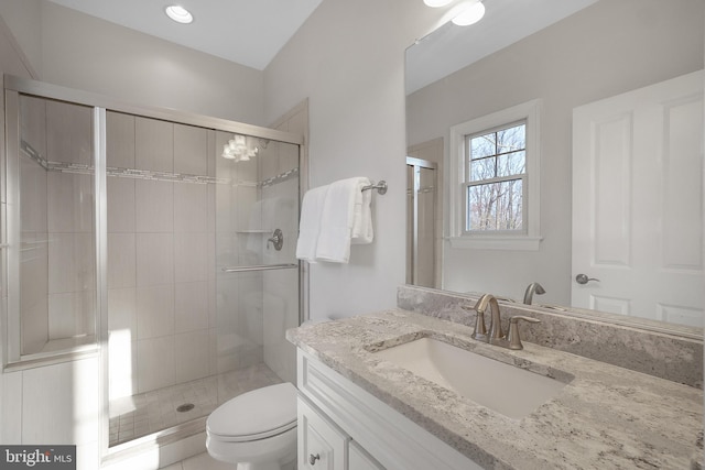 full bathroom with vanity, a shower stall, and toilet