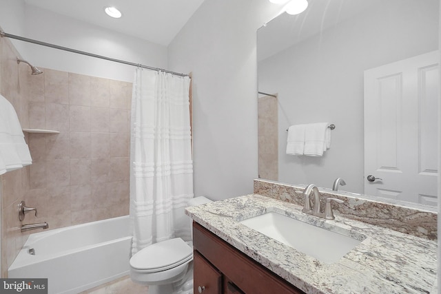 full bathroom with shower / bath combination with curtain, toilet, and vanity