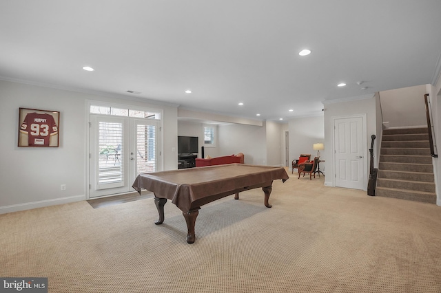 playroom featuring billiards, baseboards, recessed lighting, ornamental molding, and light carpet