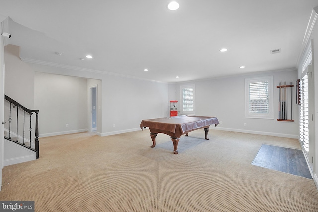 game room with recessed lighting, pool table, baseboards, and ornamental molding