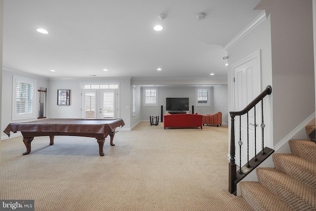 rec room featuring baseboards, recessed lighting, pool table, light carpet, and crown molding