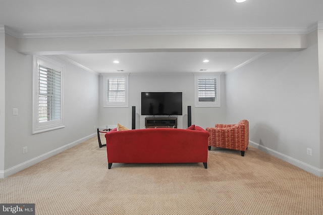 living area featuring light carpet, recessed lighting, crown molding, and baseboards