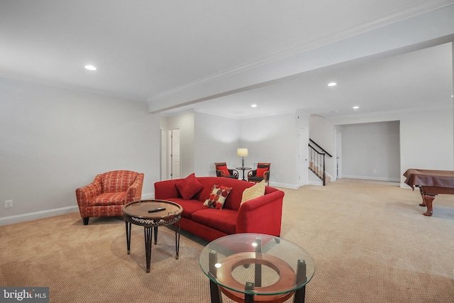 living area featuring stairs, baseboards, and light carpet