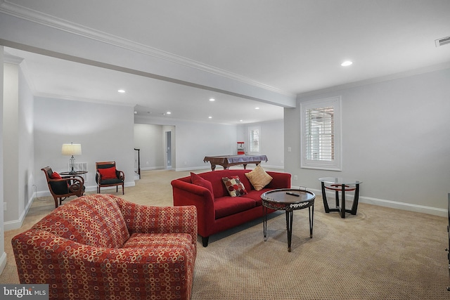 living room featuring recessed lighting, baseboards, light carpet, and crown molding