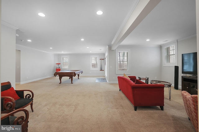 game room with baseboards, light colored carpet, billiards, and crown molding