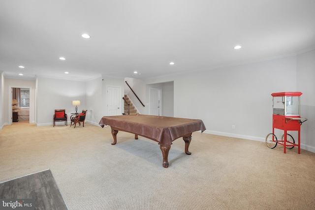 recreation room with recessed lighting, baseboards, billiards, and crown molding