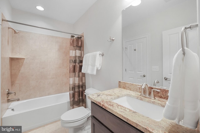 bathroom featuring vanity, tile patterned floors, toilet, and shower / bathtub combination with curtain