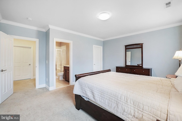 bedroom featuring visible vents, light carpet, connected bathroom, crown molding, and baseboards