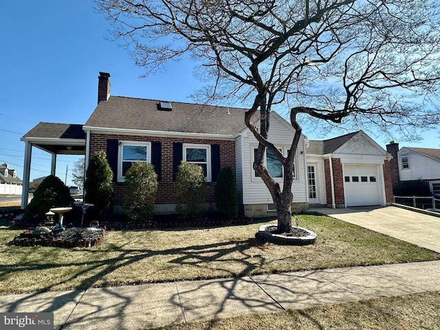 single story home with brick siding, a front lawn, a chimney, driveway, and an attached garage