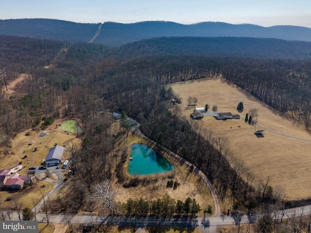 bird's eye view with a rural view, a water and mountain view, and a view of trees