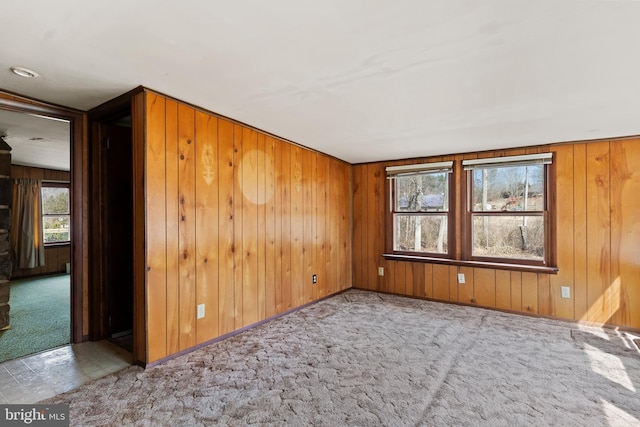 carpeted spare room featuring wooden walls