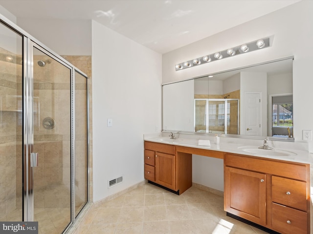 full bathroom with double vanity, visible vents, a stall shower, and a sink