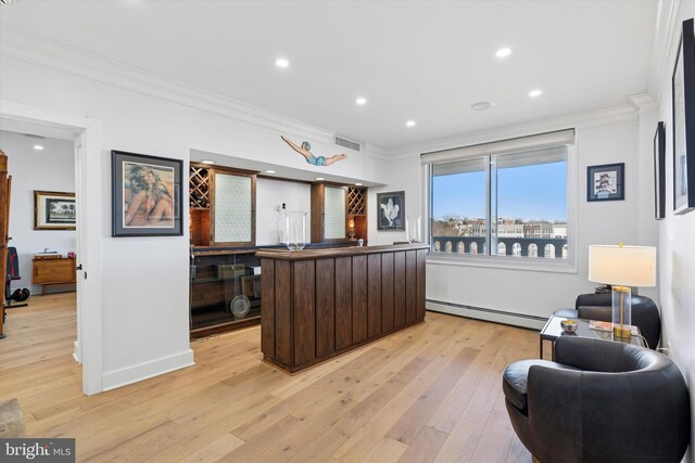 191 Presidential Blvd Unit R1018-1019, Bala Cynwyd, PA 19004 - bar featuring baseboard heating, ornamental molding, light wood-style floors, and recessed lighting