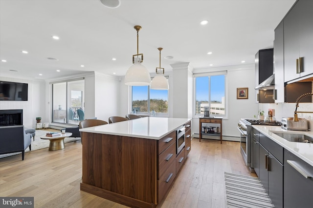 191 Presidential Blvd Unit R1018-1019, Bala Cynwyd, PA 19004 - kitchen featuring stainless steel appliances, crown molding, light countertops, light wood-style floors, and a center island