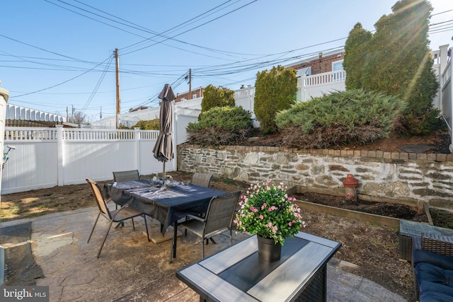 view of patio with a fenced backyard and outdoor dining space