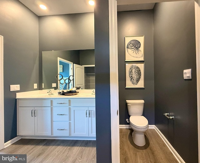 full bathroom with baseboards, toilet, double vanity, wood finished floors, and a sink