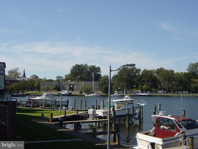 view of dock with boat lift and a water view