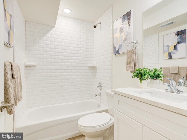 full bath with vanity, visible vents, recessed lighting, toilet, and shower / bathtub combination