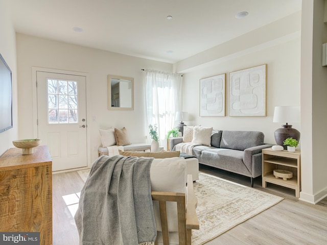 living area with light wood-style floors and baseboards