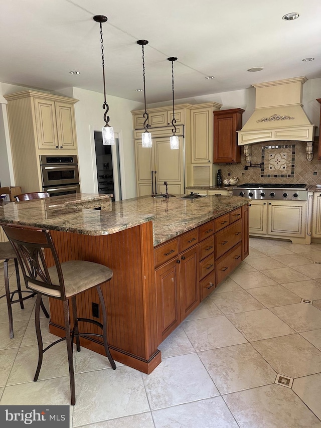 1800 Greer Ct, Gambrills, MD 21054 - kitchen featuring cream cabinetry, custom range hood, stainless steel appliances, and decorative backsplash