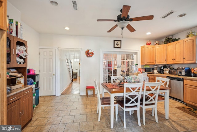 kitchen with dishwasher, recessed lighting, french doors, and visible vents