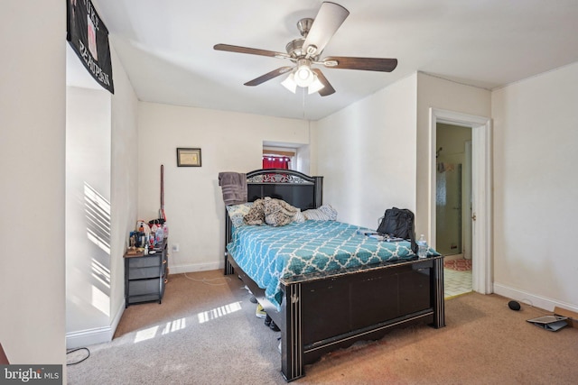 bedroom featuring carpet, baseboards, and ceiling fan