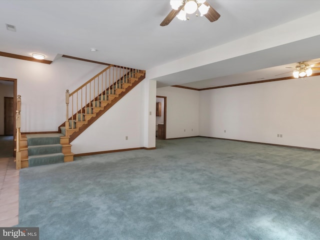 unfurnished living room with carpet flooring, baseboards, visible vents, and stairs