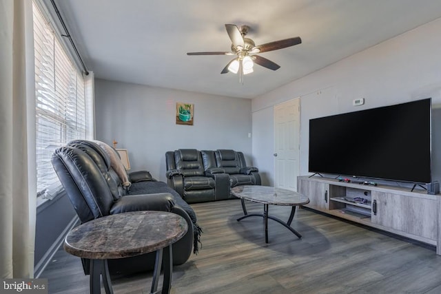 living area featuring a ceiling fan and wood finished floors