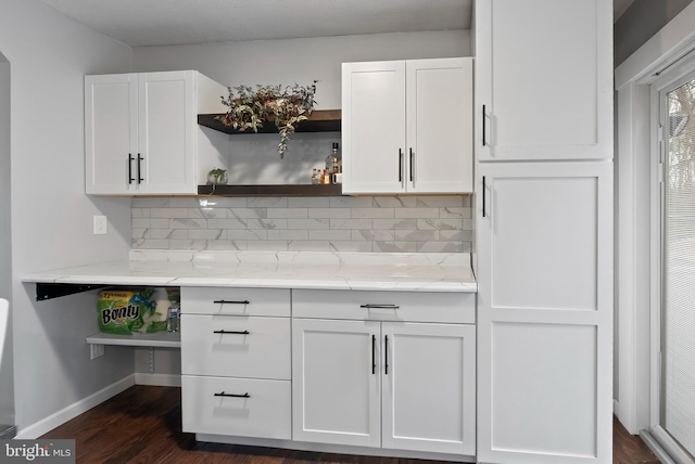 502 Dembytown Rd, Joppa, MD 21085 - kitchen with light stone countertops, decorative backsplash, open shelves, and white cabinets