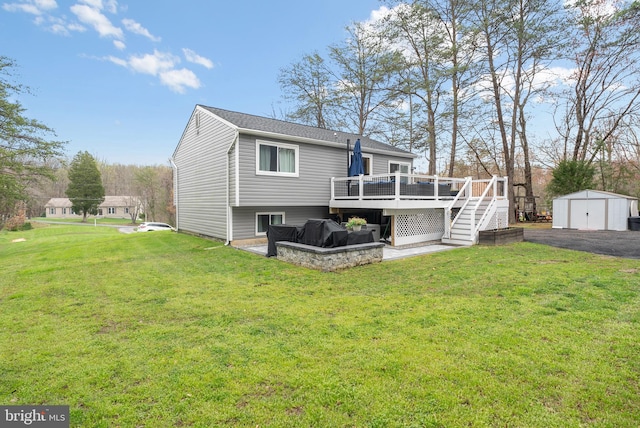 502 Dembytown Rd, Joppa, MD 21085 - back of property featuring an outbuilding, a shed, stairway, a lawn, and a deck