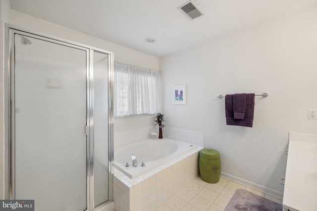 full bath featuring visible vents, baseboards, a stall shower, a bath, and vanity