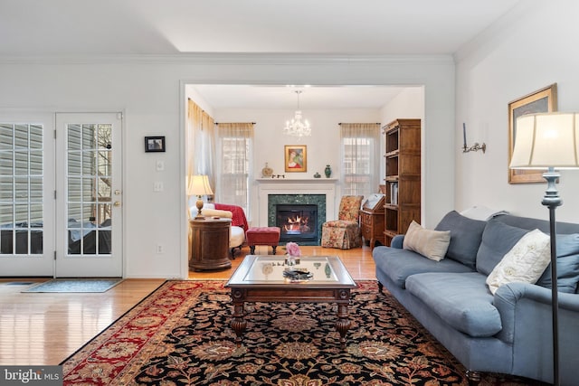 living room featuring a glass covered fireplace, wood finished floors, a healthy amount of sunlight, and ornamental molding