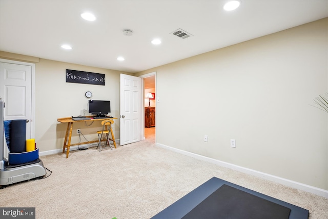 office area featuring recessed lighting, carpet, visible vents, and baseboards