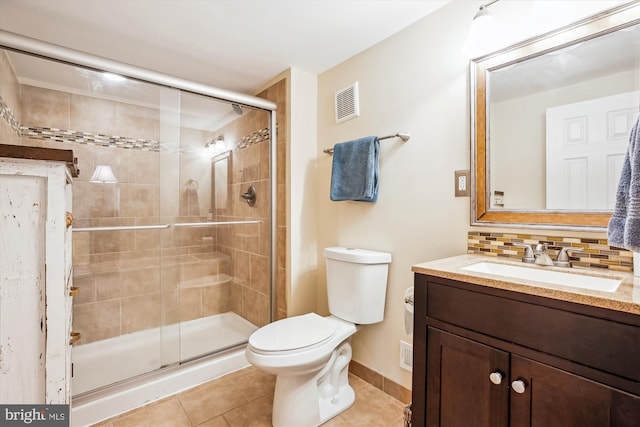 full bath with visible vents, backsplash, a shower stall, and toilet