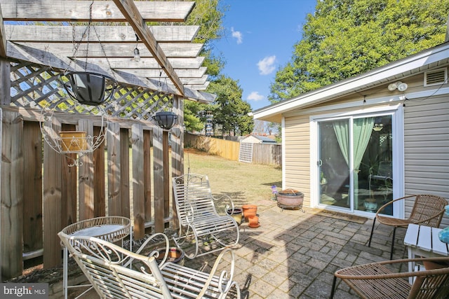 view of patio / terrace featuring a pergola and fence